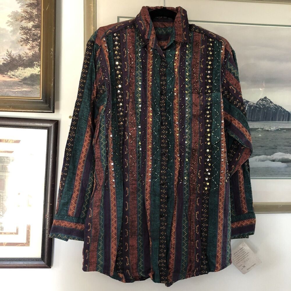 Thums Up Beaded Sequin Striped Button Up Shirt Red Green Purple Sz M Vtg A2852